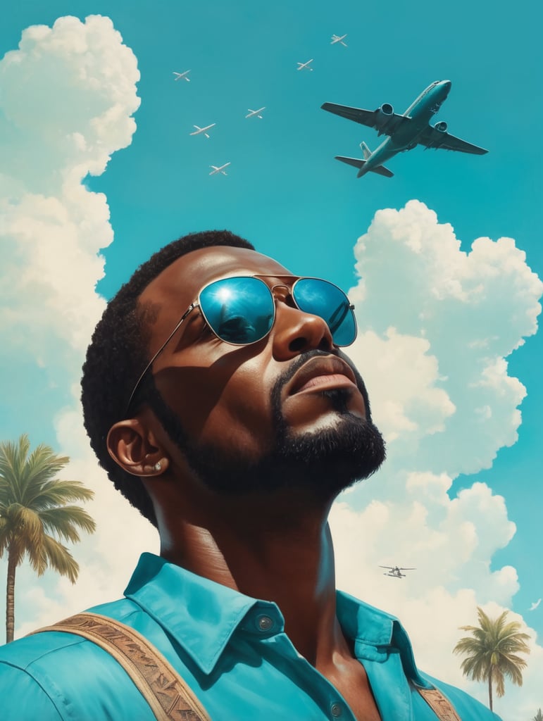a black man raised his head up, looks at the sky, sunglasses, one airplane flies in a clear sky and leaves a mark, summer, turquoise shades, style of Richard Corben