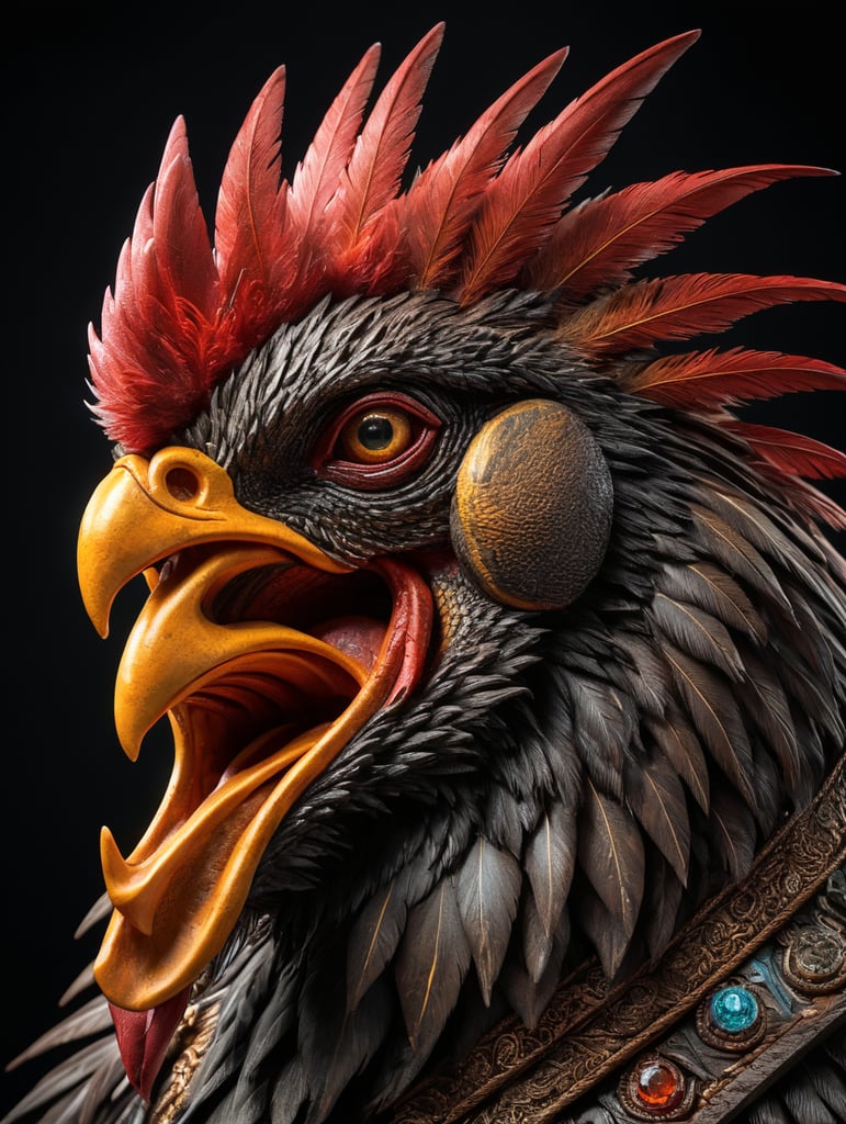 Un gallo imponente hecho de madera con un fondo obscuro y toques neon