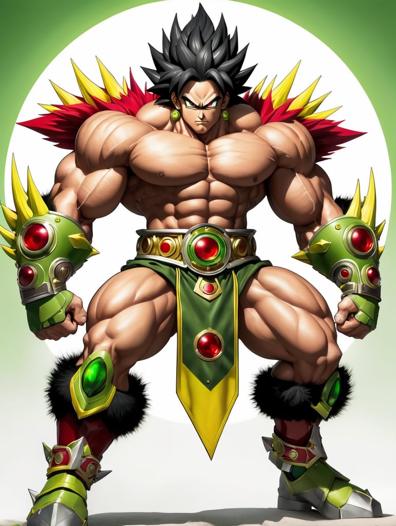 Broly is a large, muscular Saiyan with a light skin complexion. He has black, spiky hair that reaches his mid-back, and short bangs framing his forehead. His eyes are a dark green color. Broly's head is his most distinctive feature. It is large and round, with a single, red eye in the center. The eye is surrounded by a yellow ring, and there is a small, black dot in the center of the ring. Broly's forehead is covered in a series of ridges, and he has two antennae that extend from his forehead. Broly's body is covered in a layer of green fur. He has four arms and four legs, and his muscles are well-defined. He has a tail that is about the same length as his body. Broly's skin is a light shade of green. His hair is black, and his eyes are dark green. His fur is also green.