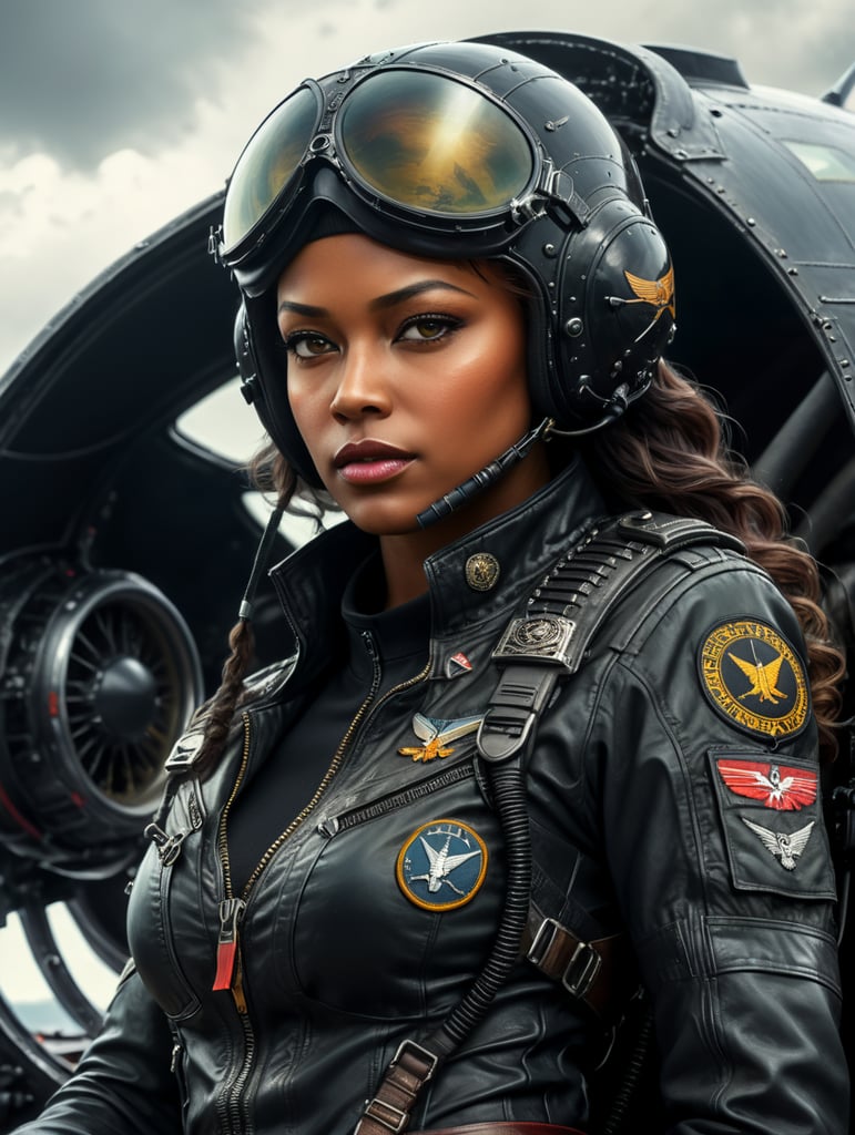 Black aviatrix in black pilot uniform