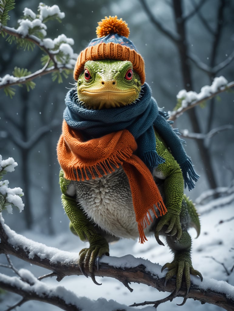 Lizard a snowy branch wearing a woolly hat and scarf