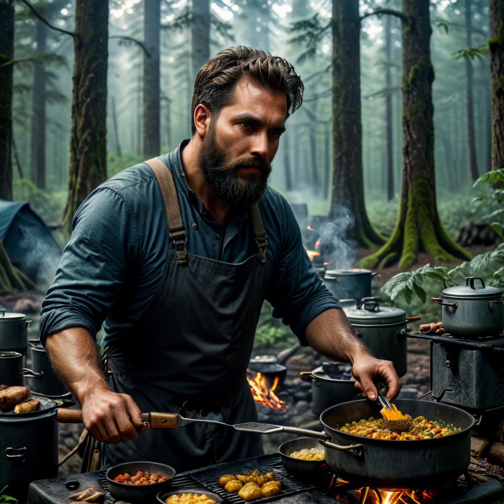 bearded man making food on a camping stove in front a Appalachian forest