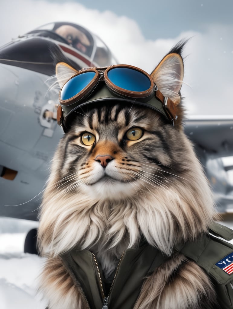 Photorealistic portrait of a main coon cat in a pilot's outfit, realism, a jet plane in the background, snow