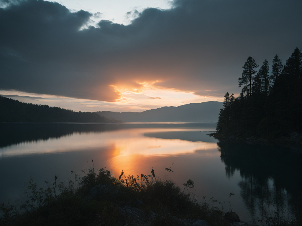 saullēkts pie ezera migla