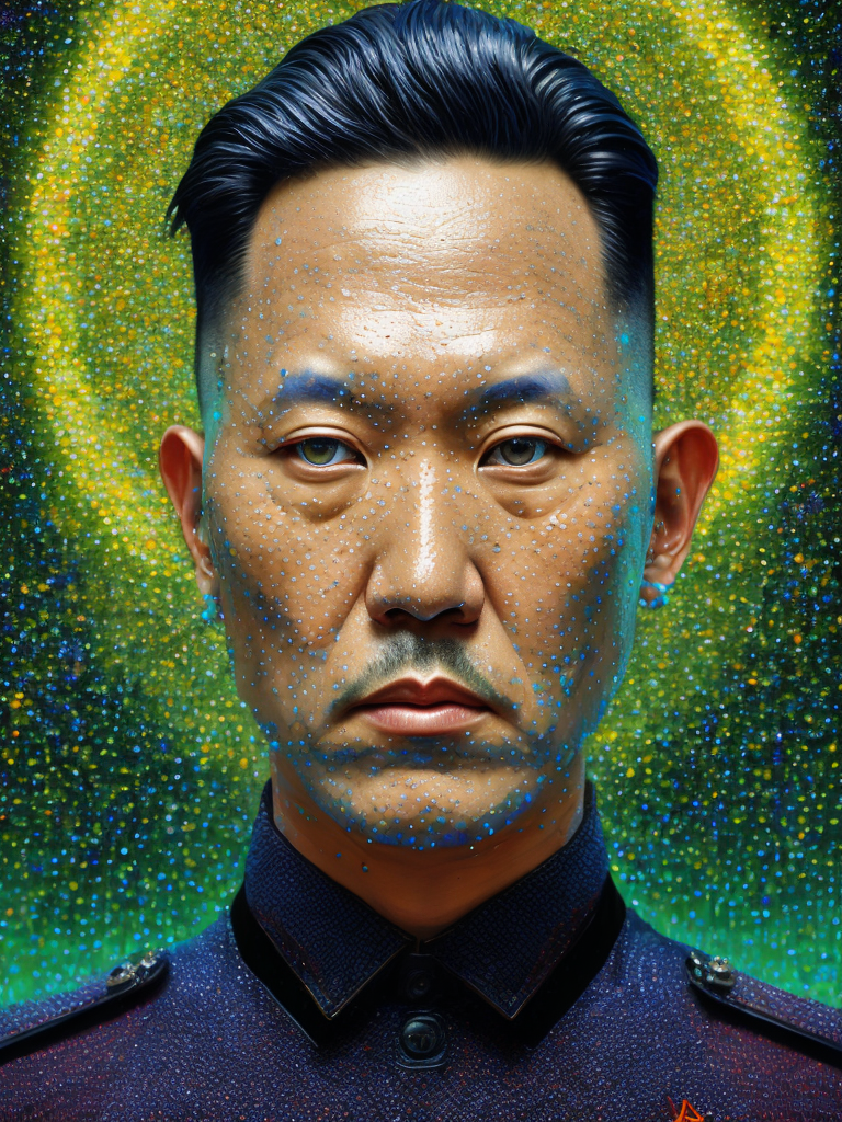 Fine Art Fluorescent Pointillism Sci-fi Surrealism Photography, Futuristic Kim Jong Un, Portrait made of hyper-detailed transparent frosted plastic, Moebius Bernard Buffet, van Gogh, Vermeer, Erin Hanson, Pierre Soulages, National Geographic, textured depth, vibrant fluorescent hyperrealism photo