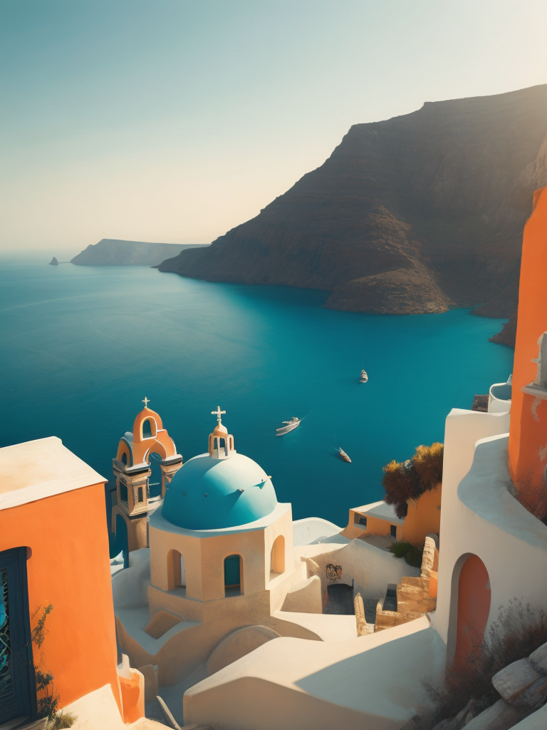 Landscape Greece Santorini, Vibrant colors, High detail, Azure sea, Mountains