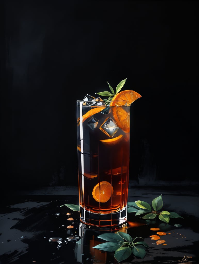 gin cocktail with dried orange fruit slice, botannicals, professional food photography, depth of field lens, vibrant