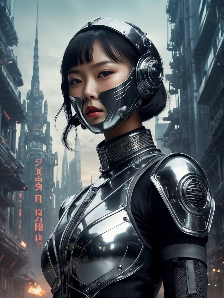 vintage medium shot of korean ethnicity girl dressed in chrome metallic mask and realistic cyberpunk outfit, a bit robotic, 1920's poster, with background of futuristic style buildings and futuristic rockets
