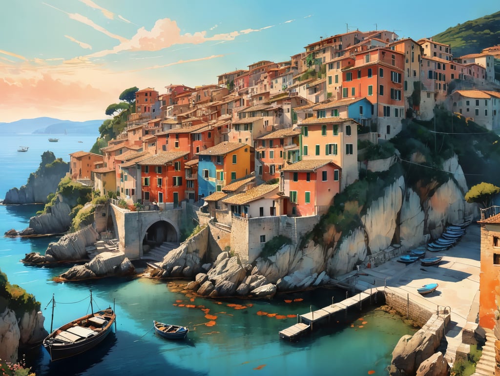 Watercolor painting of an Italian fishing village