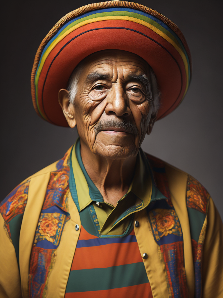 Portrait of a wrinkled colorful Mexican in a sambrero, an healthy man, a multi-colored shirt, a criminal, a bad face