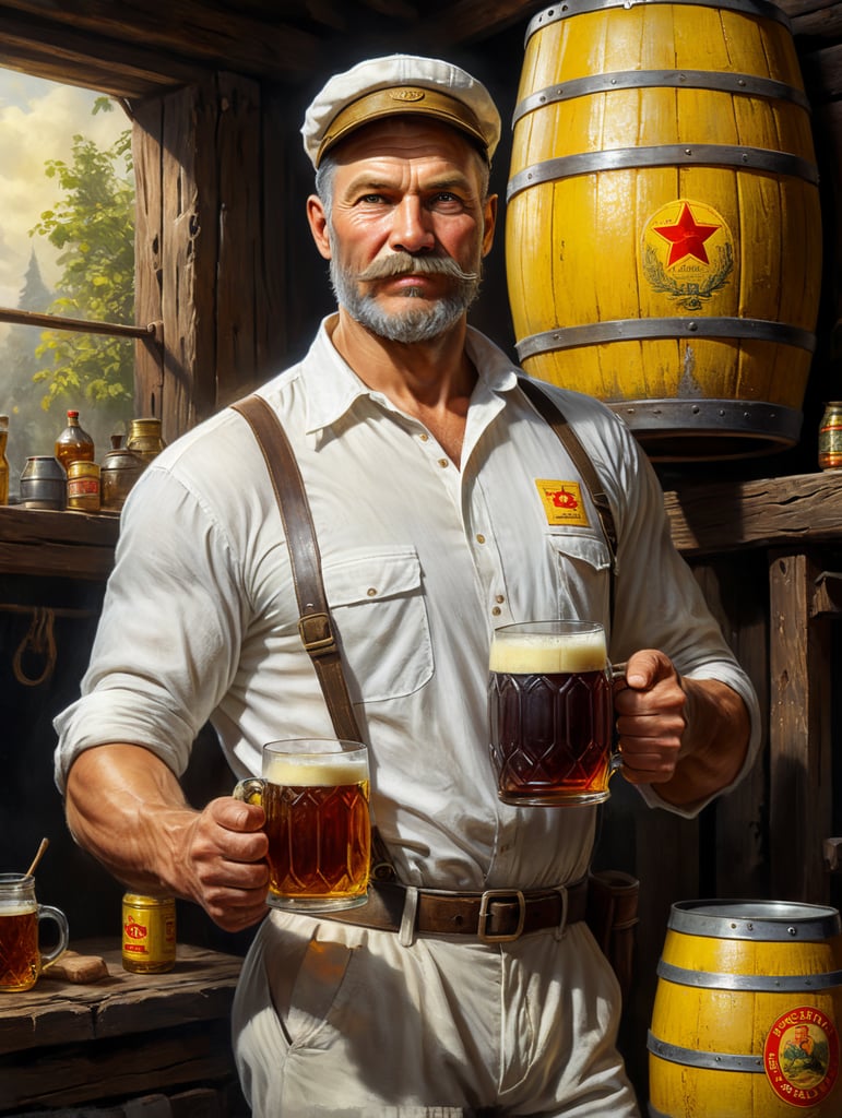 A Soviet man in a white shirt and cap holds a mug of kvass in his hands, a Soviet yellow barrel of kvass can be seen in the background