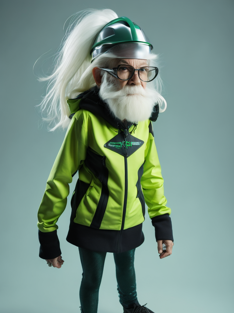 a gnome from fairytale 76 years old wearing a neon green helmet dressed in athletic clothing and glasses, in the style of futuristic glam, retro futurism, neon green clothing, glasses without color, clear glass, long white hair, teal background, mike campau, anton fadeev, high gloss, mono-ha