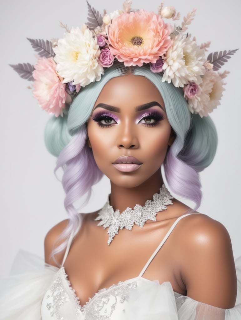 Hd photography, photograph, 3 4 pose, black woman, pastel gothic makeup, fairy goth, gothic style, pastel, beauty portrait, big flowers headband, big flower crown