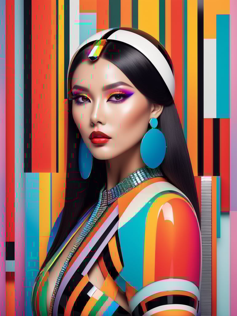 A beautiful female multicoloured pop sleek futuristic with huge headpiece center piece, clean makeup, with depth of field, captured in vivid colors, minimalist posterstyle