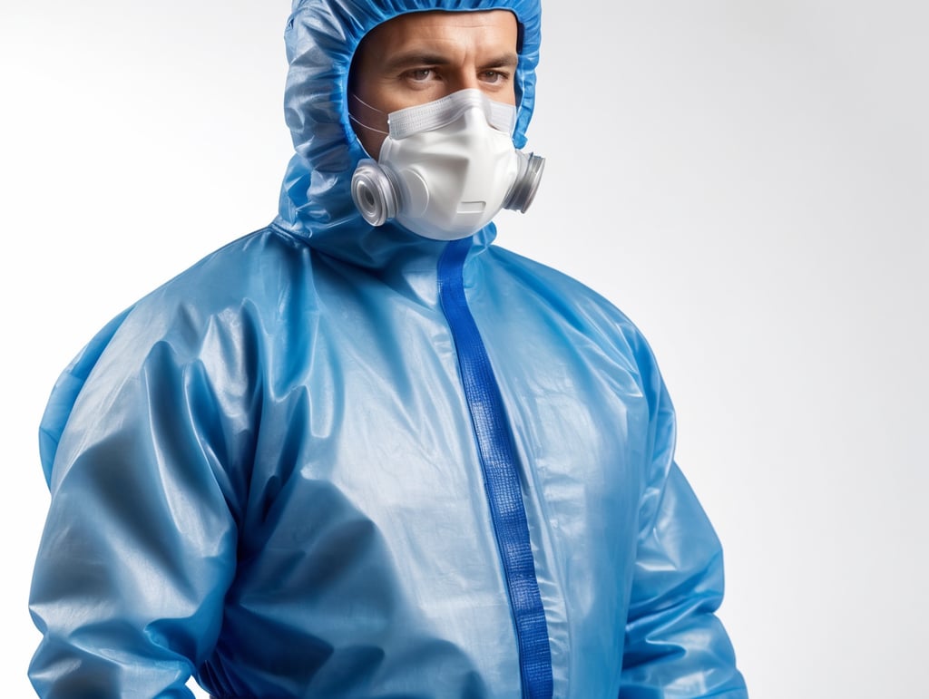 A realistic photo of a man wearing blue medical protective suit, disposable coveralls with breathable fabric, isolated, white background