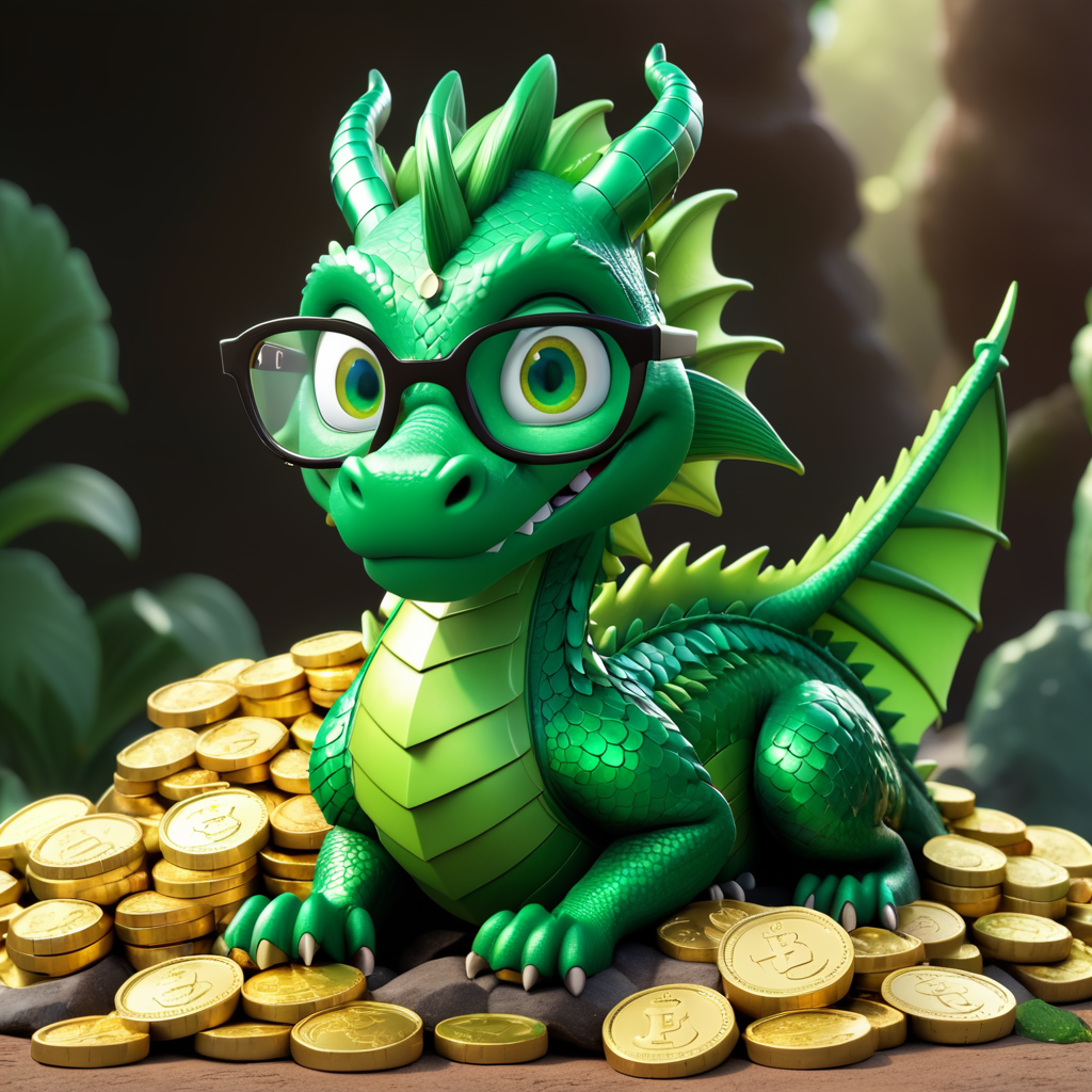 3d icon with a mid-aged green dragon in green reading glasses on pile of gold coins and emerald gems