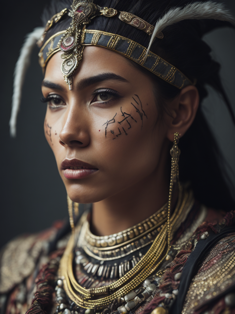 portrait of an Aztec warrior in folk costume and jewelry, Depth of field, Incredibly high detail, dark background