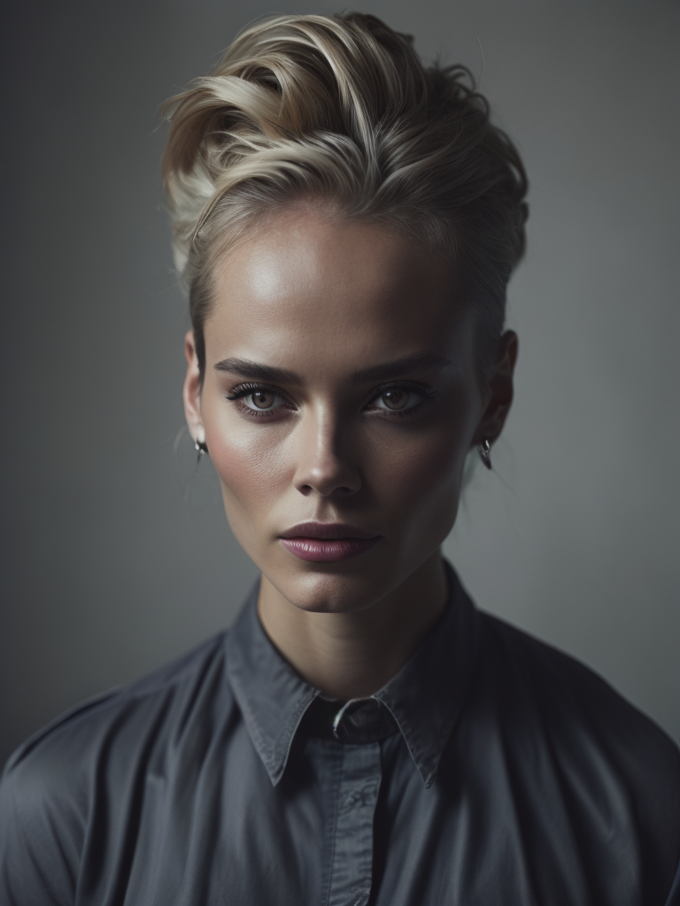 a 42 yo woman, blonde, (hi-top fade:1.3), dark theme, soothing tones, muted colors, high contrast, (natural skin texture, hyperrealism, soft light, sharp)