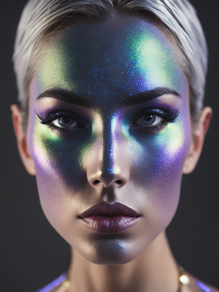 Mesmerizing Holographic face materials shimmer in motion, Photography in the style of Rankin