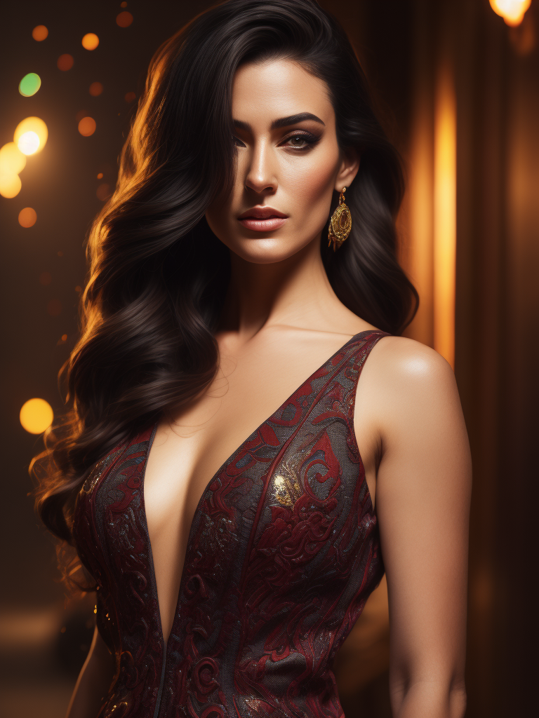 bright and saturated colors, elegant, highly detailed, sharp focus, dramatic lighting, depth of field, incredibly high detailed, blurred background, 40 years, lush dark hair