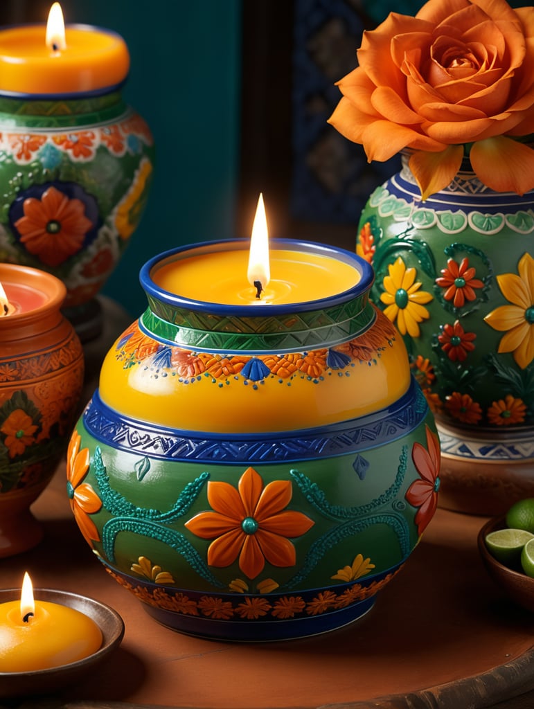 Create an image representing "Isabel's Arte Velas," a candle collection inspired by Mexican art and culture. Picture a candle displayed in a hand-painted vessel resembling Talavera pottery, adorned with intricate patterns in cobalt blues, saffron yellows, and emerald greens. The vessel exudes the warmth of sunlit terracotta, capturing the essence of ancient tales and the vibrant hues of Mexican heritage. Visualize a candle emitting a soft, flickering glow, set against a backdrop evoking the richness of Mexican artistry. Surrounding the candle are motifs reminiscent of Huichol beadwork, weaving a tapestry of cultural fusion. Imagine a garden of scents, with rose-scented candles mingling with the aroma of celestial cinnamon, infusing the air with a captivating symphony of fragrance. Capture the elegance and luxury of Isabel's Arte Velas, where tradition meets innovation. The image should convey a harmonious blend of Mexican influence and sophisticated artistry, paying homage to the legacy of a grandmother and