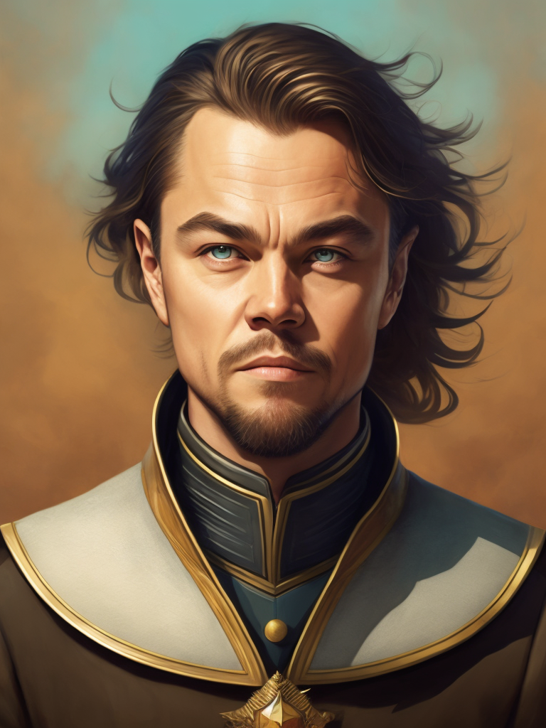 Portrait of Leonardo DiCaprio as a 17th century ship captain, Detailed uniform, Brass buttons, gradient background, contrasting light, detailed face, muted tones