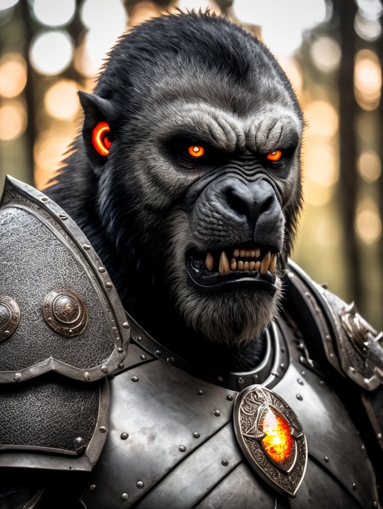 Silverback werewolf assassin wearing armor with glowing eyes