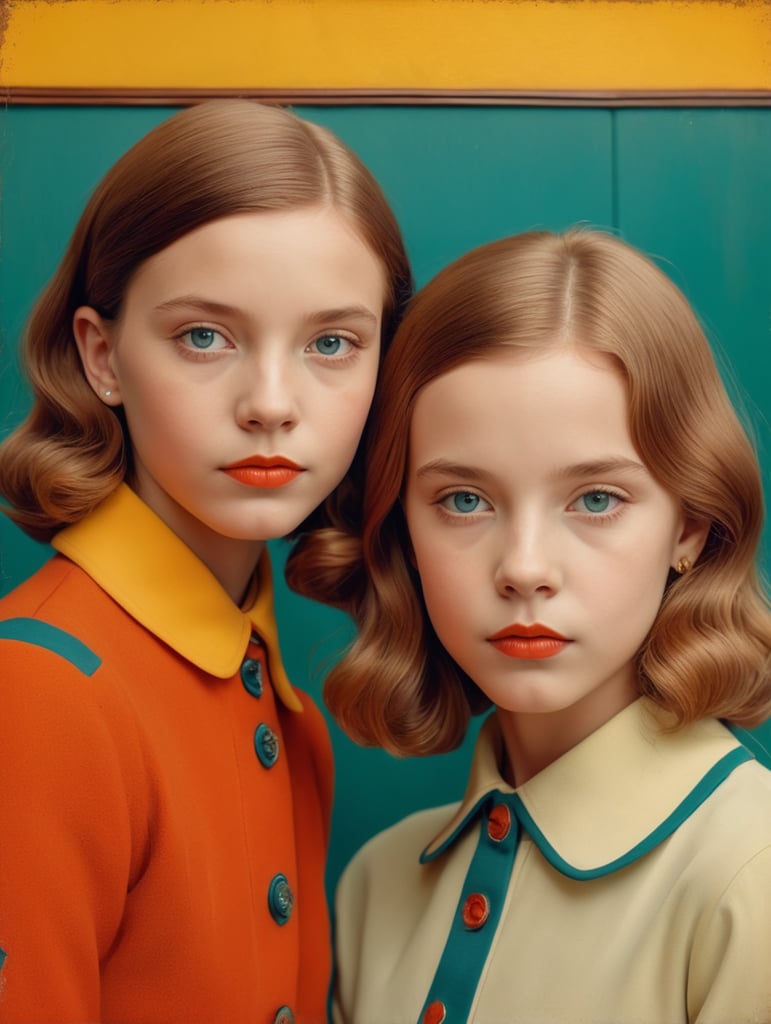 Vintage portrait of two girls, Wes Anderson style, Incredibly high detail, Bright colors