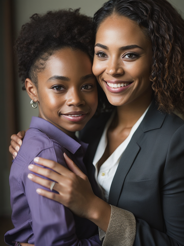 African-american woman smiling, hugging granddaughter, highly detailed, sharp focus, dramatic lighting, depth of field, blurred light color background