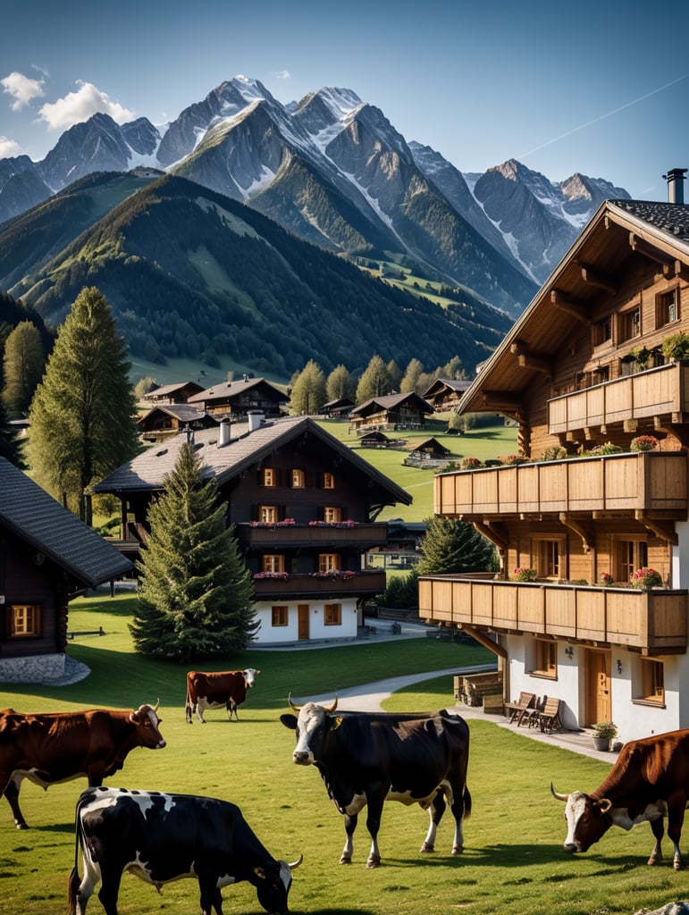 Mountain Austrian chalet, modern, Tyrol, cows, poster style