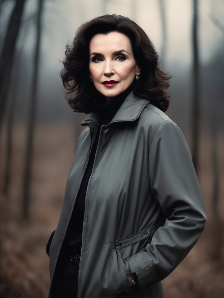 waist-length portrait of Marilyn vos savant, mysterious atmosphere, muted colors, contrasting light, long dark hair, wearing a jacket