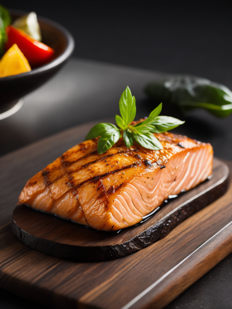 macro photography of a grilled piece of salmon with grilled vegetables. on a wooden board black background