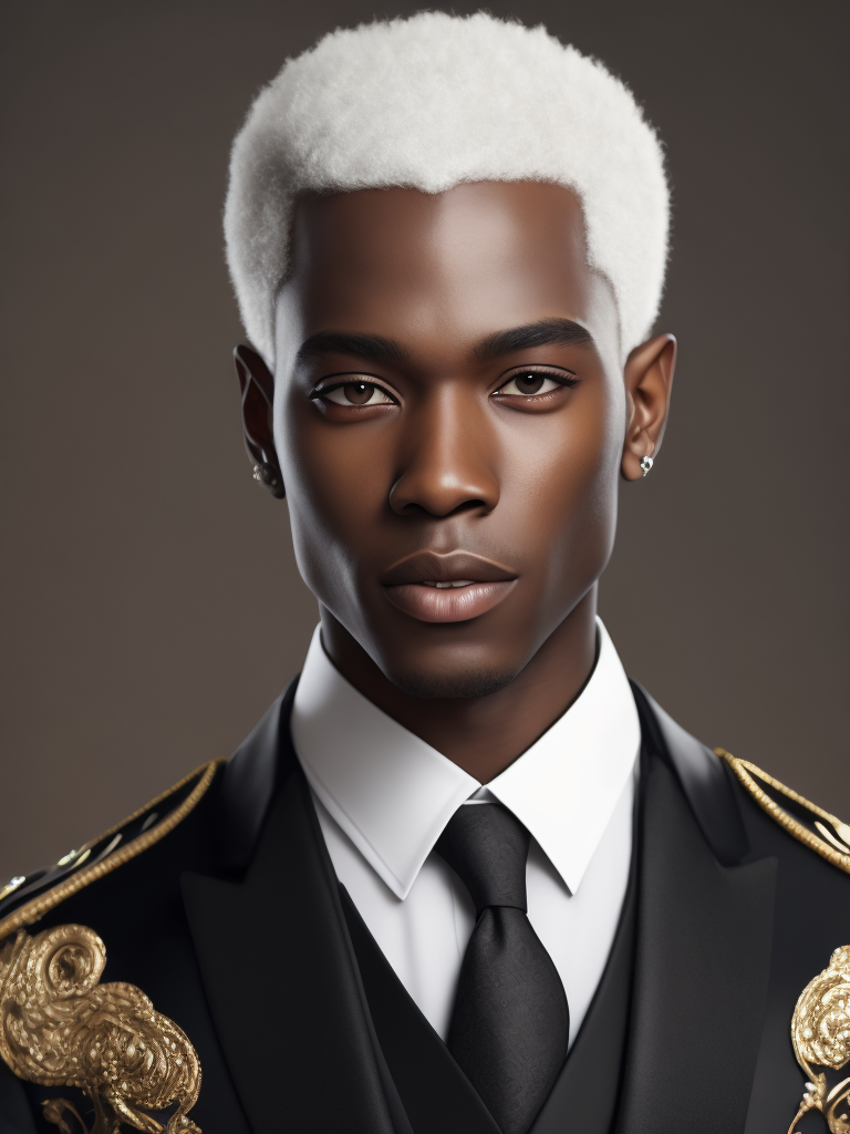 portrait of young man with black skin, short white hair, dressed in a tailcoat, intricate, elegant, highly detailed, digital painting, concept art, sharp focus, ultra realistic, Dramatic Lighting, Depth of field, Incredibly high detailed