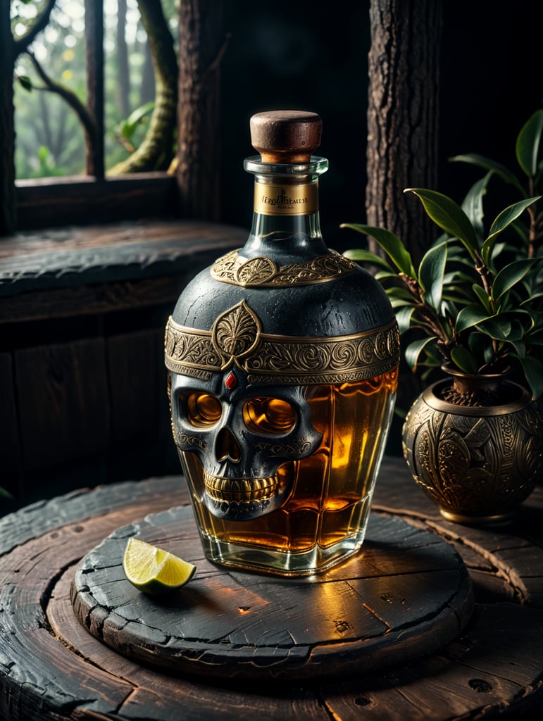 Quiero hacer una botella de tequila ancestral de cerámica de 700 ml. Con un tapón de metal dorado. Sobre una mesa de madera deben colocarse una botella y unas ramas de arbol . Queremos que la marca sea fiel al antiguo estilo prehispanico.