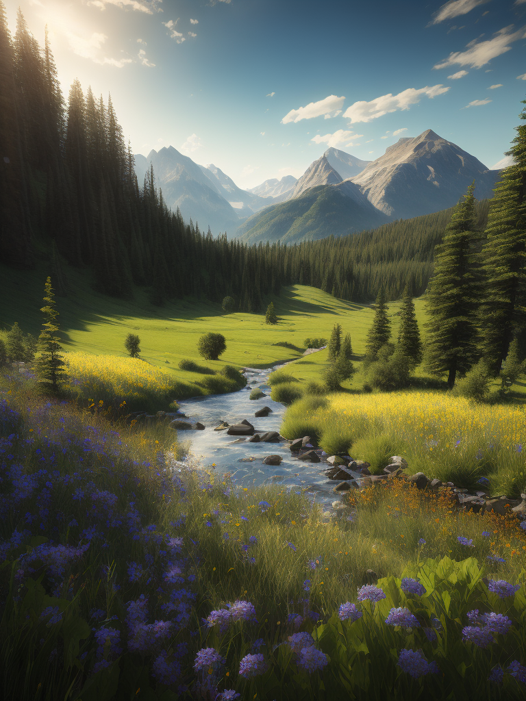 beautiful meadow in the summer, blue sky, wild flowers, mountains in the background, river running through the meadow, pine trees
