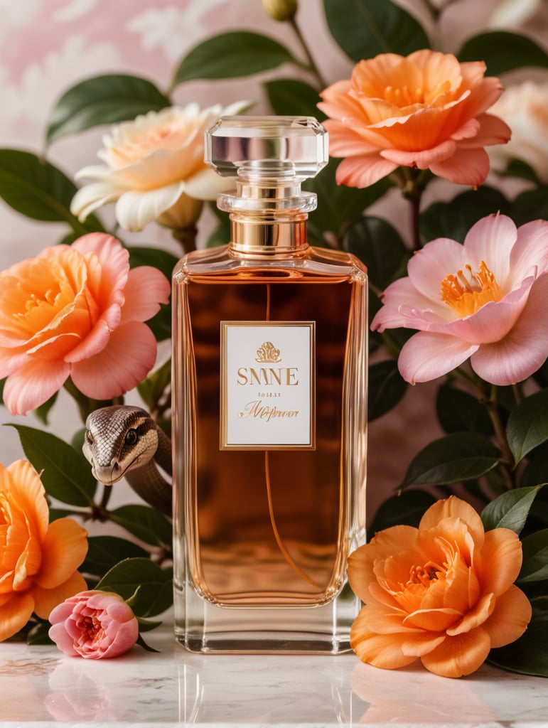 Luxury perfume bottle with blanc label, snake next to the bottle, floral background, pink and orange flowers