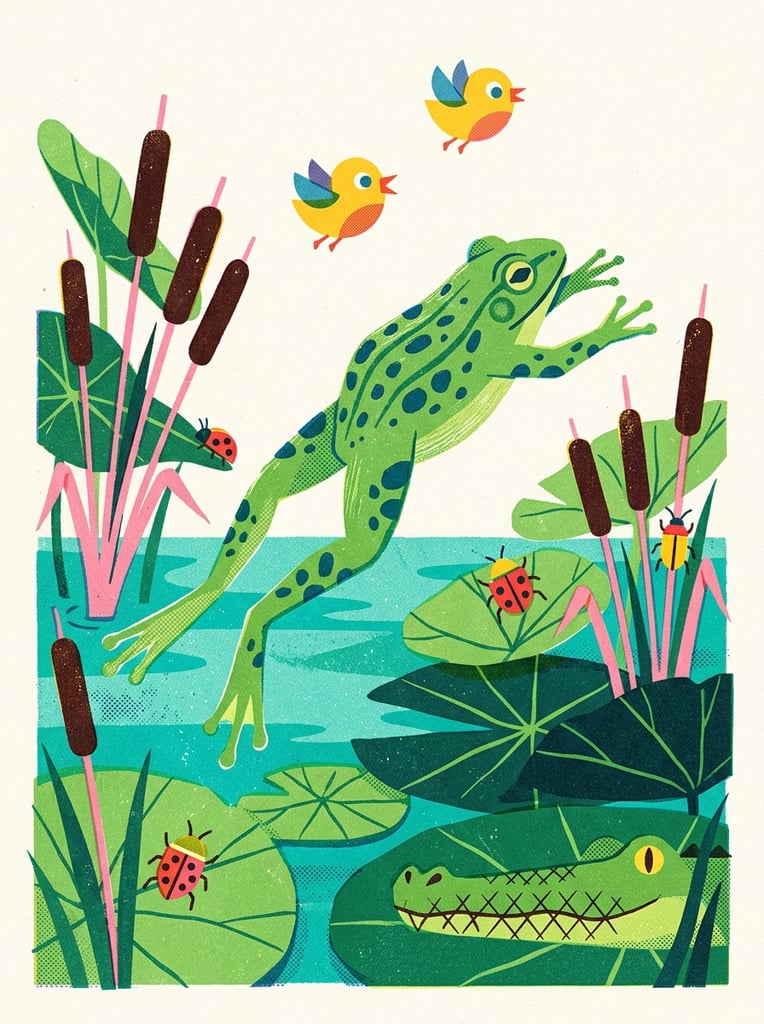 A stylized green frog with dark spots leaps mid-air through a bright teal swamp in a flat graphic illustration with grainy textures. Pink-stemmed cattails and broad green leaves surround the splayed frog. Two round yellow birds flutter above, while geometric red and yellow bugs cling to the plants. A green alligator snout with a cross-hatched jaw peeks from the bottom right corner. The vibrant scene features bold shapes, layered compositions, and a whimsical risograph print aesthetic.