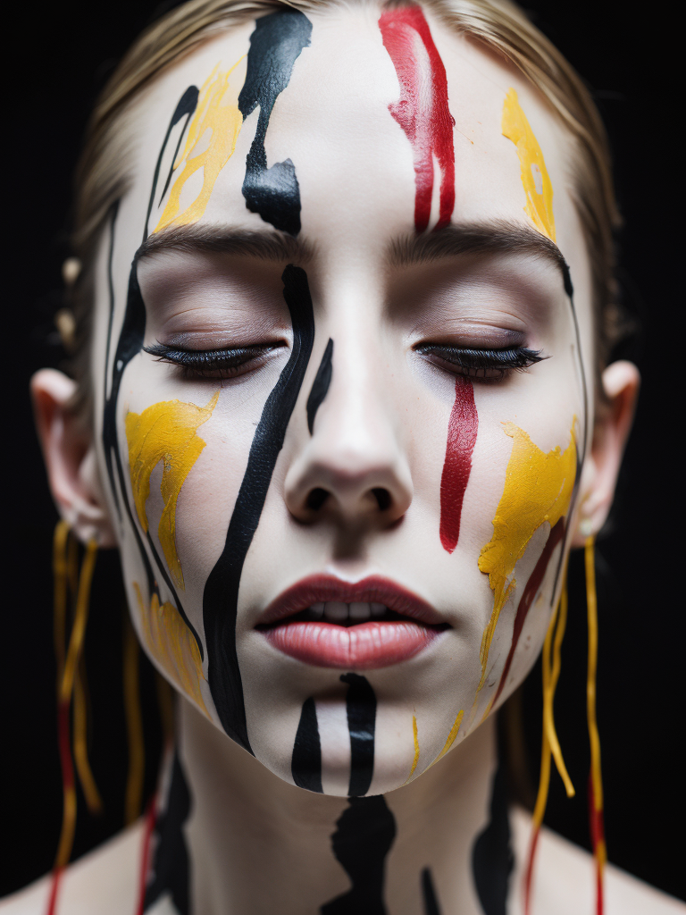 Portrait of a girl with a painted face and paint flowing from her face, closed eyes, black background