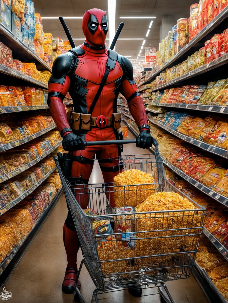 Deadpool fazendo compras com o Wolverine carrinho cheio de Sucrilhos