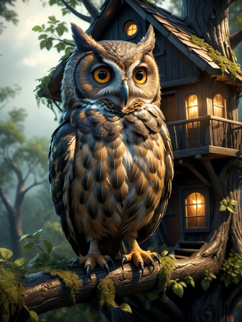 Cute owl in a dress on a tree house