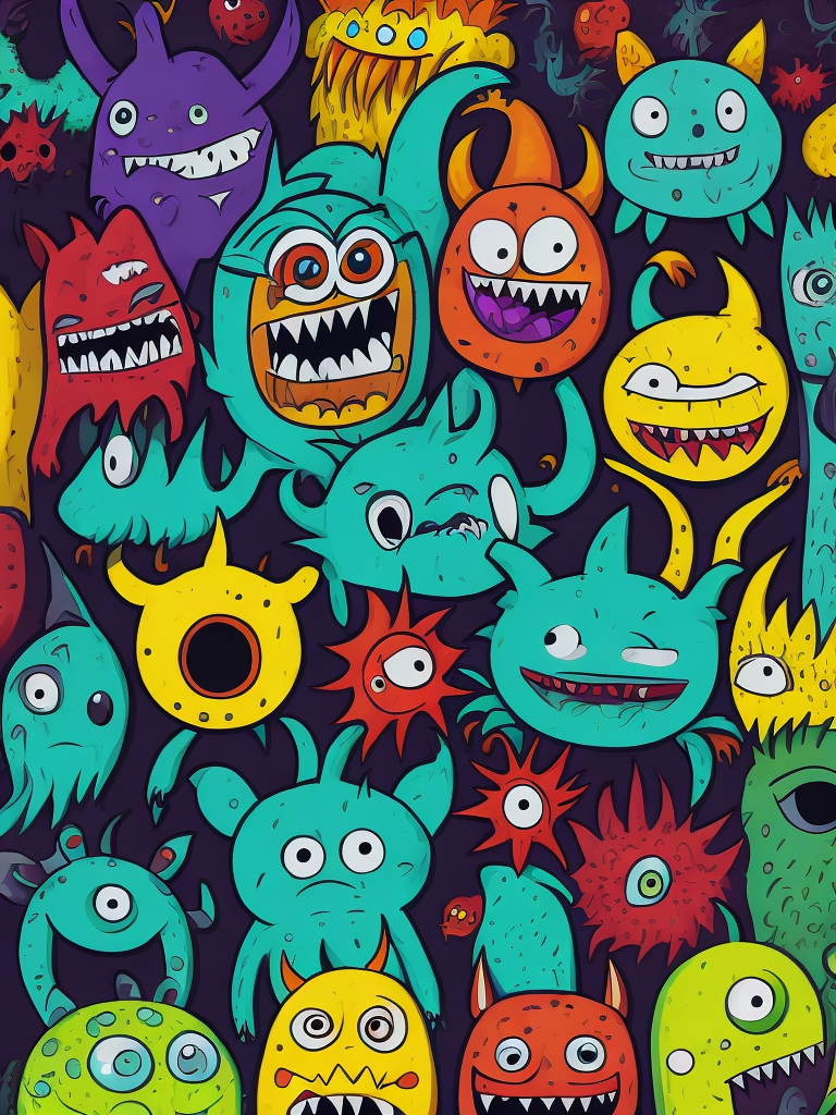 Many monsters, doodle art style, colorful, funny