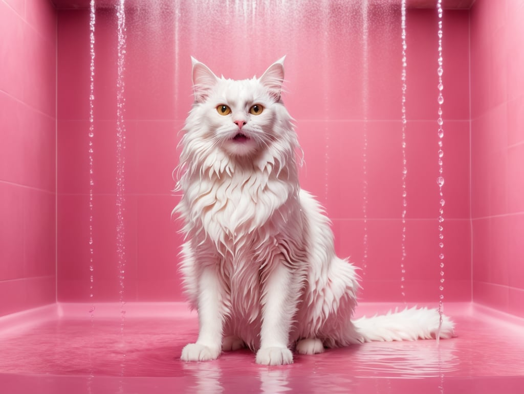 Happy wet cat with full body and tail in a very large shower room. Lots of bubbles and foam. Pink background. Panoramic