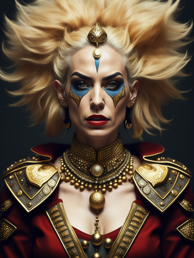 Epic portrait of tvenetian harlequin female clown in pastels and gold intricate embellishments and geometric patterns and designs, high definition, photography, cinematic, detailed character portrait, detailed and intricate environment, strong breeze, nevus under left eye, detailed and intricate environment