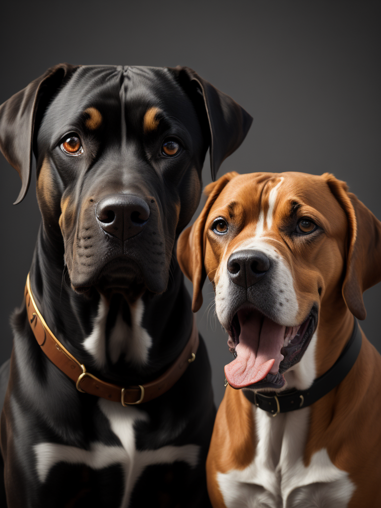 create a portrait of 2 dogs, one is a black cane corso and amstaff mix, the other one is small size mix between a setter and a cocker, reddish medium long hair