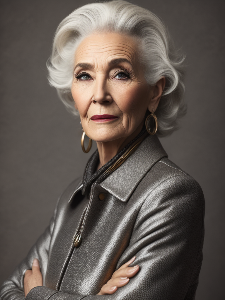 A 70yr old supermodel with classic Chanel make-up and beautifully styled volume hair, beautiful pores and skin texture, detailed high resolution image, grey hair, Dior makeup, award winning fashion editorial image, soft lighting, gentle expression, she is content with her age