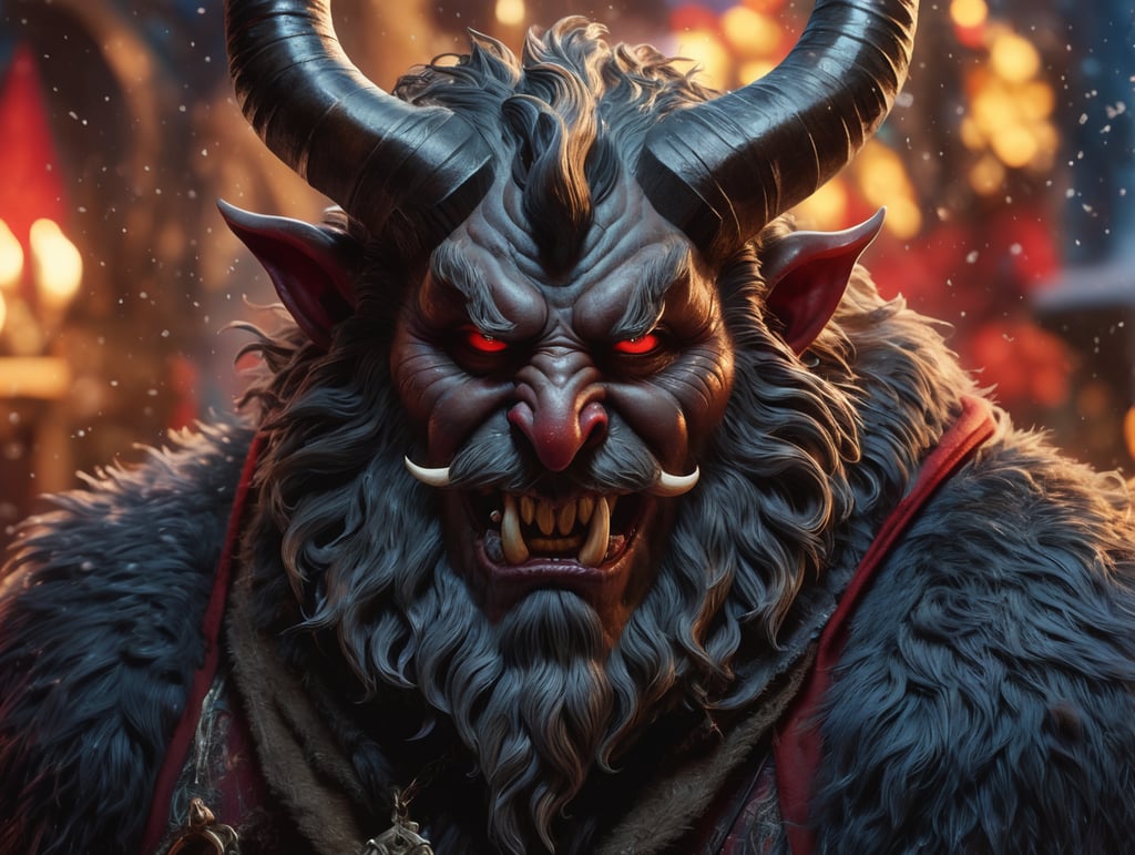 Krampus Hyperrealistic, splash art, concept art, intricately detailed, color depth, dramatic, side light, colorful background intricate details, beautifully shot, hyperrealistic, sharp focus, 64 megapixels, perfect composition, high contrast, cinematic, atmospheric, moody"