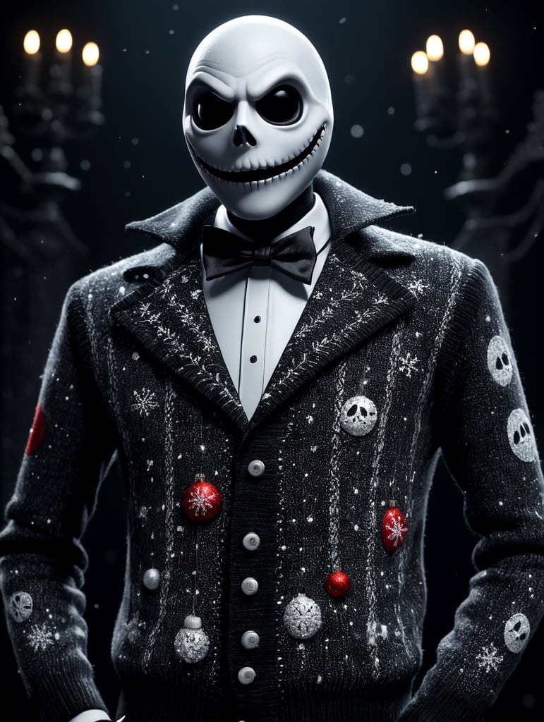Jack Skellington standing wearing an ugly Christmas sweater