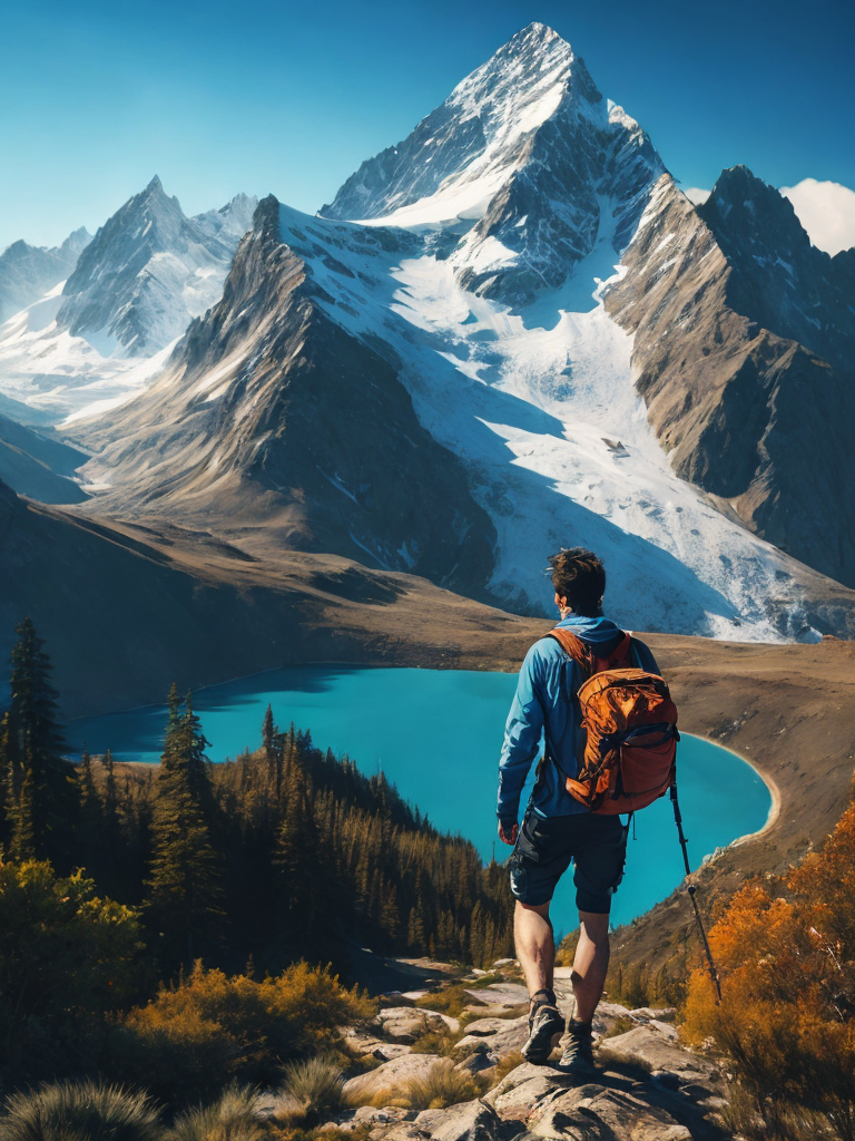 Man hiking in a mountain, brilliant blue sky, serene, peaceful, majestic, high detail, landscape, ultra hd, matte painting, highly detailed, concept art, contrast light, deep colors