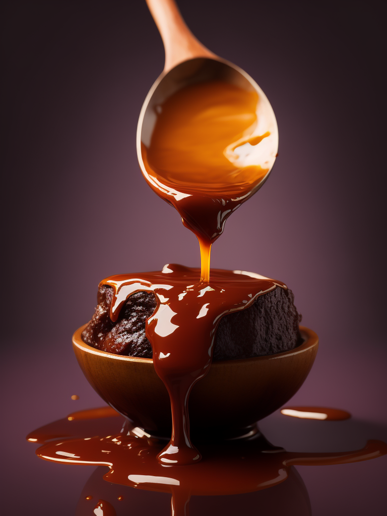 a photo of honey from the wooden spoon going down on the melted chocolate, deep purple background, deep atmosphere