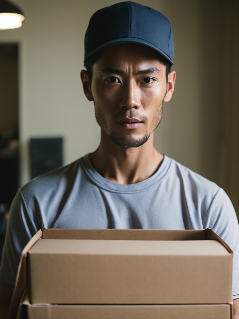 portrait of a delivery (((Chinese man))), wearing a white cap and white t-shirt, holding a box